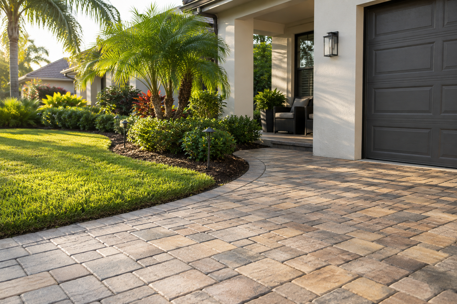 Illustrative image of a cared-for paver driveway beside a Florida home